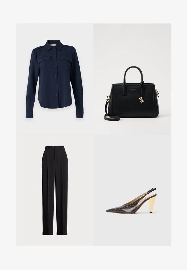 Camisa de botón azul marino hecha de una tela suave. Cuenta con dos bolsillos en el pecho, hombreras y mangas largas con puños abotonados.; Pantalones negros a medida con una cintura alta, que cuentan con pliegues en la parte delantera, un diseño de pierna recta y dobladillo con vuelta. Fabricados con un tejido suave.; Zapatos de tacón tipo slingback de punta afilada en imitación de cocodrilo brillante de color marrón oscuro. Presenta un tacón geométrico en tono dorado y una correa ajustable en el tobillo.; Bolso de piel negra con diseño estructurado, doble asa superior, correa de hombro desmontable, herrajes dorados y un charm de logo como acento.