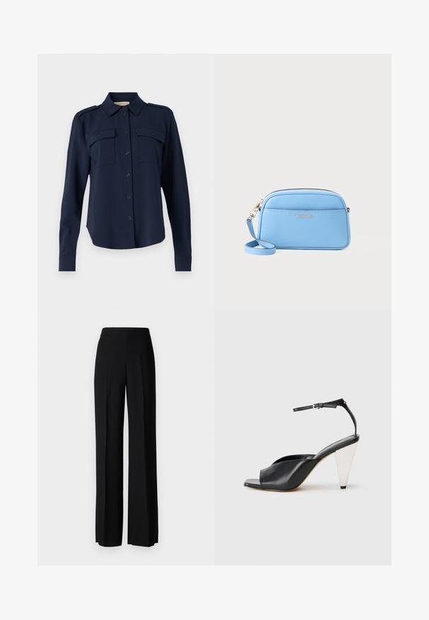 Navy blå button-up skjorte laget av mykt stoff. Har to brystlommer, skulderepauleter og lange ermer med knappedempede manchetter.; Sorte vidde bukser med en glatt tekstur, med høy midje og sentrale folder. Ingen synlige mønstre eller maskinvaredetaljer.; Svart lær høyhælte sandaler med åpen tå, asymmetrisk design, ankelstropp og en metallisk kjegleformet hæl. Glatt tekstur hele veien.; Lys blå skinn crossover-veske med gulltonet detaljer, glidelås lukking og en frontlomme. Har justerbar stropp for ekstra bekvemmelighet.