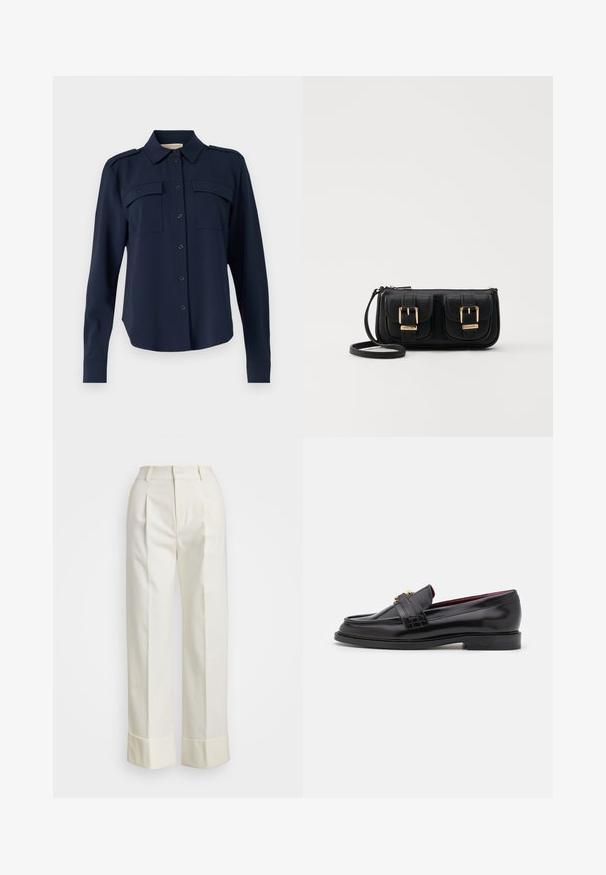 Marineblauw button-up shirt van zachte stof. Heeft twee borstzakken, schouderepauletten en lange mouwen met knopenmanchetten.; Witte, op maat gemaakte broek met een hoge taille, dubbele voorplooien en brede pijpen met omgeslagen manchet. Gemaakt van een gladde, gestructureerde stof.; Zwarte leren loafers met een gestikt patroon, een gladde textuur, gouden gesp details en een ronde neus, geplaatst op een lage zwarte zool.; Zwarte leren schoudertas met twee vo pockets, gouden gespen, ritsluiting en een smalle band. Tekstuur oppervlak en compacte rechthoekige vorm.