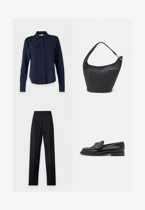 Námornícky modrá košeľa na gombíky vyrobená z jemného materiálu. Obsahuje dve náprsné vrecká, ramenné epauletky a dlhé rukávy s gombíkovými manžetami.; Čierne nohavice vyrobené z hladkej látky s vysokým pásom, širokými nohavicami, prednými záhybmi a klasickými pútkami na opasok. Žiadne bočné vrecká nie sú viditeľné.; Čierne kožené mokasíny sošitým vzorom, hladkou textúrou, detailom zlatého pracky a zaoblenou špičkou, posadené na nízkej čiernej podrážke.; Čierna kožená kabelka zaobleného tvaru, so širokým popruhom a textúrovaným povrchom. Obsahuje jemný šev a zlaté kovanie.