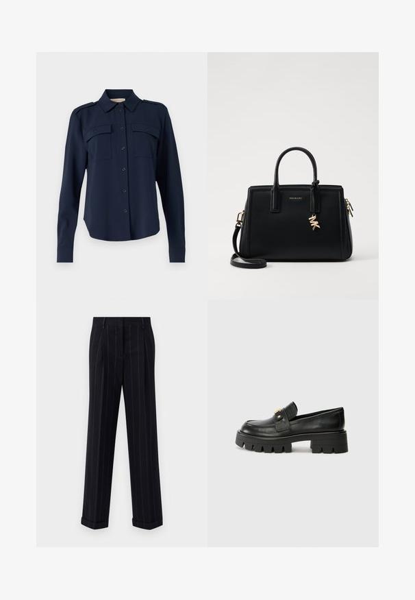 Mornaricno plava košulja dugih rukava izrađena od mekanog materijala. Ima dva džepa na prsima, epoletu na ramenima i dugmadi na manžetama.; Crne prugaste hlače s krojem po mjeri, s opšivenim rubom i prednjim naborima. Izrađene od glatkog materijala s čvrstim dizajnom.; Crne kožne loafersice s debelim potplatom, s zlatnim akcentom sprijeda i glatkim završetkom. Debeli uzorak na potplatu.; Crna kožna torba s strukturiranim dizajnom, dvostrukim gornjim ručkama, odvojivim remenom za rame, zlatnim detaljima i akcentom s logom.