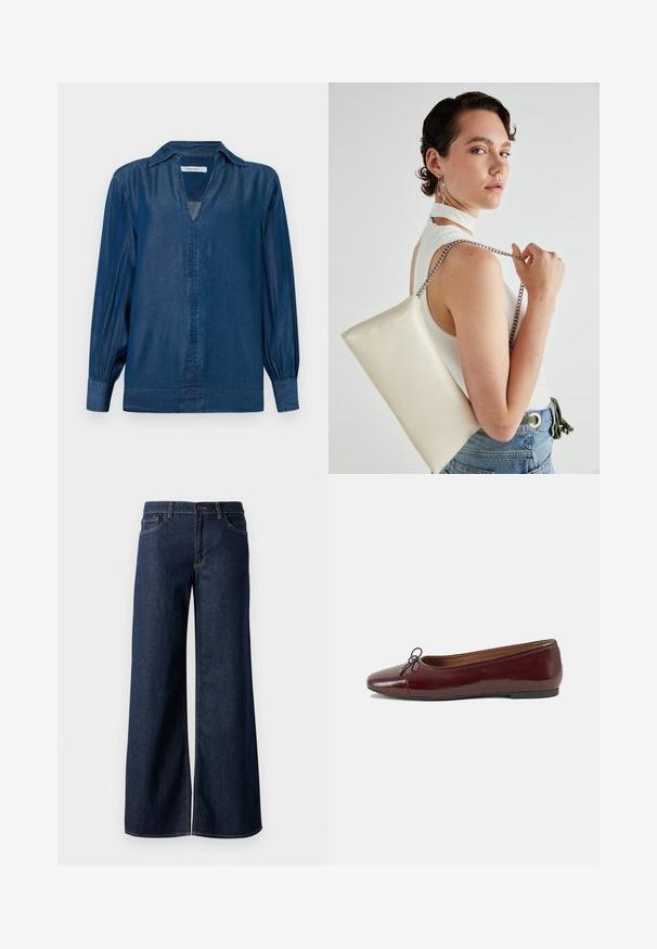 Denim srajca v temno modri barvi, z dolgimi balonastimi rokavi, ovratnikom in V-izrezom brez gumbov. Mehka, gladka tekstura.; Široke hlače iz temnega modrega denima. Imajo kontrastno šivanje, pet žepov in gumbasto zapiranje v pasu. Gladka tekstura.; Burgundska patenti usnjeni baletni čevlji z zaobljenim prstom, majhnim lokom na sprednji strani in nizkim črnim gumijastim podplatom. Gladka tekstura.; Bela pravokotna torbica za ključe iz sijajnega materiala, opremljena s srebrno verižico. Model pozira in prikazuje torbico na enobarvni podlagi.