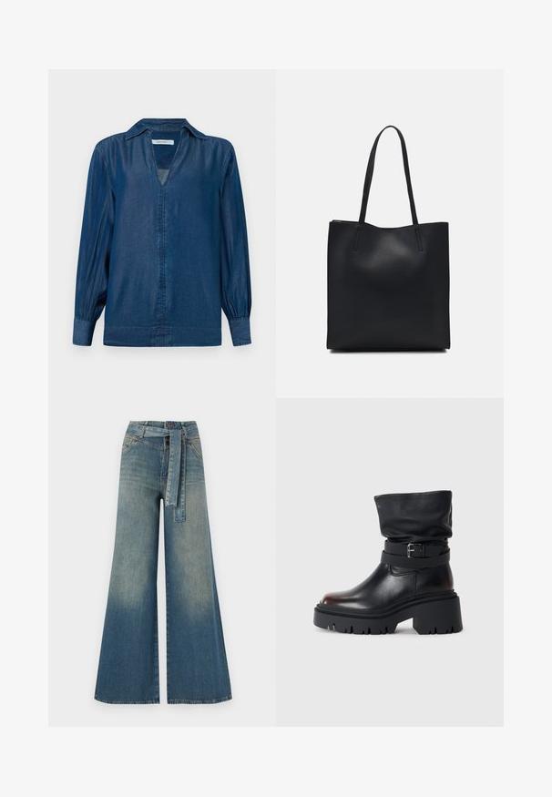 Camicia in denim di colore blu scuro, con maniche lunghe a palloncino, colletto e scollo a V senza bottoni sul davanti. Texture morbida e liscia.; Pantaloni in denim a gamba larga con una sfumatura che va dal blu chiaro al blu scuro, vita alta, passanti per cintura e una cintura in tessuto coordinato. Finitura in denim strutturato.; Stivaletto in pelle nera con tomaia morbida, dettaglio con fibbia e suola spessa e robusta. Presenta una punta rotonda e una texture liscia.; Borsa tote in pelle nera con texture liscia, forma rettangolare e due manici lunghi. Nessun hardware o decorazione visibile.