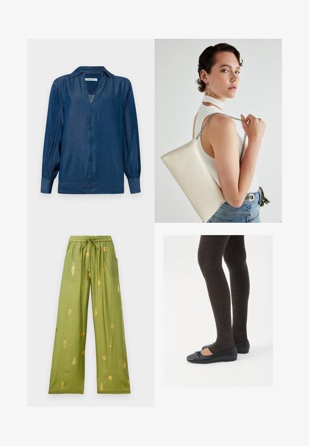 Denim marškiniai, pasižymintys tamsiai mėlyna spalva, ilgomis balioninėmis rankovėmis, apykakle ir V formos iškirpte be mygtukų. Minkšta, glotni tekstūra.; Plačiai kirpti alyvuogių žalios spalvos kelnės su elastingu juosmeniu ir raišteliu, papuoštos auksinėmis jūros kriauklių ir vijoklių raštais.; Juodos plokščios bateliai su maža kaspinėlio detale prie pirštų, derinami su tamsiai rudos spalvos raukšlėtomis pėdkelnėmis. Bateliai turi lygų paviršių ir žemą profilį.; Balta, stačiakampio formos rankinė pagaminta iš blizgaus medžiagos, su sidabriniu virvute. Modelis pozavo, demonstruodamas rankinę prieš paprastą foną.