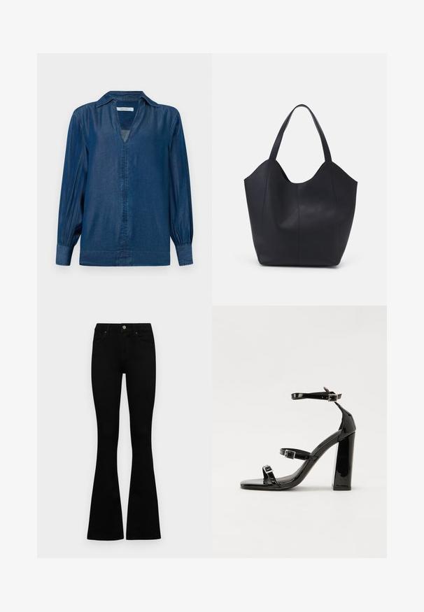 Denim shirt featuring a dark blue hue, long balloon sleeves, a collar, and a V-neckline with a buttonless front. Soft, smooth texture.; Black high-waist jeans with a button and zip closure, front pockets, and flared legs laid flat on a white background.; Black patent heeled sandals with a square toe, ankle straps, and silver buckles. Features a chunky block heel for stability.; Black tote bag made of smooth leather, featuring a curved, open top with two shoulder straps and a minimalist design.