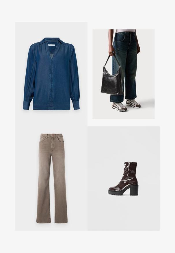 Camisa de mezclilla de color azul oscuro, con mangas largas tipo globo, cuello y un escote en V sin botones en la parte delantera. Textura suave y lisa.; Jeans de pierna recta de talle alto color marrón con botón frontal, trabillas para el cinturón y diseño clásico de cinco bolsillos sobre un fondo blanco.; Botín burdeos brillante hasta el tobillo con un tacón negro grueso, que presenta una textura suave y un diseño sencillo. Sin cierres ni patrones visibles.; Bolso de hombro de cuero negro con una textura suave y correa ajustable, combinado con jeans de pierna ancha desgatados y zapatillas deportivas.