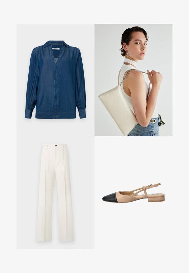 Sötétkék árnyalatú farmering, hosszú ballon ujjakkal, gallérral és gomb nélküli, V-kivágással az elején. Puha, sima textúrával.; Fehér, széles szárú nadrág magas derékkal, két elülső redővel, egy gombos záródással és zsebekkel. Simaságával kiemelkedő szövet.; Beige és fekete, két tónusú, slingback cipő hegyes orral, lapos sarokkal és keresztbe fonott pánttal. Sima bőr textúra.; Fehér, téglalap alakú, fényes anyagból készült clutch táska, ezüst láncos pánttal. A modell pózol, bemutatva a táskát egy egyszínű háttér előtt.