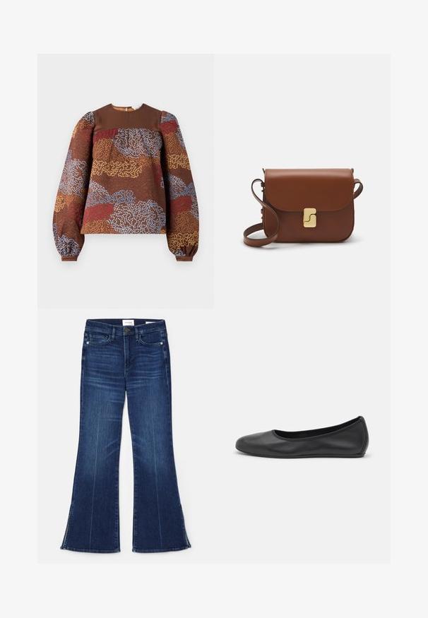 Braunfarbige Bluse mit langen Ärmeln, die ein strukturiertes Blumenmuster in Blau, Rot und Gold aufweist. Einfarbige braune Passe und geraffte Puffärmel.; Dunkelblaue, ausgestellte Jeans aus Denim. Mit hoher Taille, vorderen Taschen und Schlitzen am Saum. Klassisches Fünf-Taschen-Design.; Schwarze Leder-Ballettschuhe mit abgerundeter Spitze, glatter Textur, minimalen Nähdetails und einem flexiblen Sohlen-Design.; Braune Ledertasche mit Klappenverschluss, Beschlägen in Goldfarbe, einem Schultergurt und einer glatten Oberfläche. Kompakte rechteckige Form.
