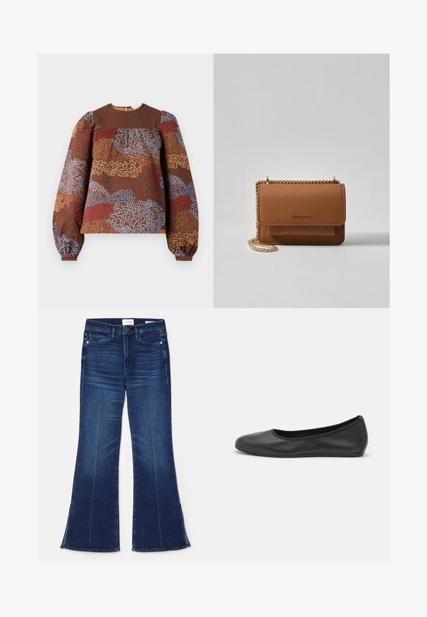 Braunfarbige Bluse mit langen Ärmeln, die ein strukturiertes Blumenmuster in Blau, Rot und Gold aufweist. Einfarbige braune Passe und geraffte Puffärmel.; Dunkelblaue, ausgestellte Jeans aus Denim. Mit hoher Taille, vorderen Taschen und Schlitzen am Saum. Klassisches Fünf-Taschen-Design.; Schwarze Leder-Ballettschuhe mit abgerundeter Spitze, glatter Textur, minimalen Nähdetails und einem flexiblen Sohlen-Design.; Braune strukturierte Ledertasche mit goldener Kettenriemen und Klappenverschluss. Die Vorderseite zeigt ein Logo-Detail und eine Tasche unter der Klappe.