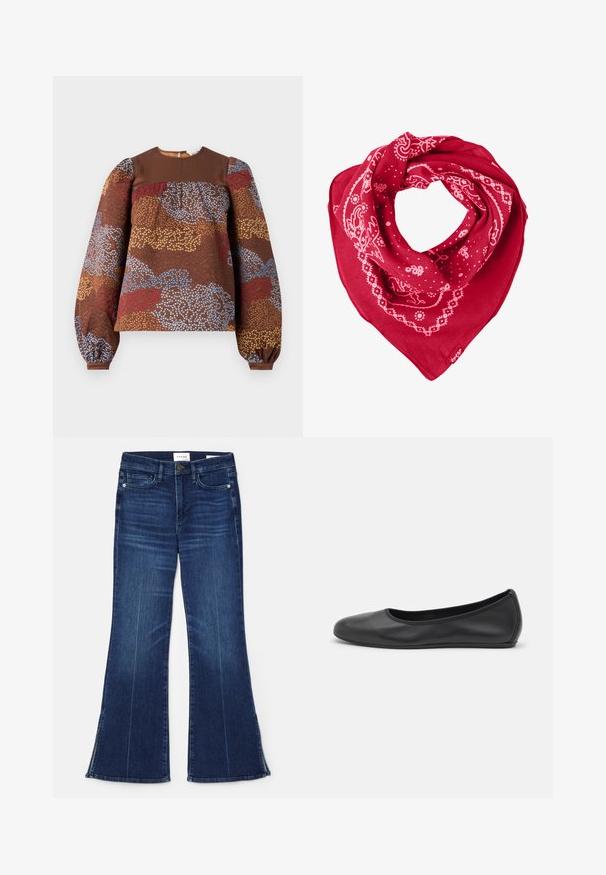 Blusa marrone a maniche lunghe con un motivo floreale testurizzato in blu, rosso e oro. Yoke solido marrone e maniche a sbuffo arricciate.; Jeans a zampa d'elefante blu scuro in denim. Caratterizzati da una vita alta, tasche anteriori e dettagli con spacco all'orlo. Design classico a cinque tasche.; Pantofole da balletto nere in pelle con punta arrotondata, texture liscia, dettagli di cucitura minimi e design con suola flessibile.; Foulard rosso in cotone, con motivi a paisley bianchi e a pois, dalla forma triangolare e con un'etichetta nell'angolo inferiore.
