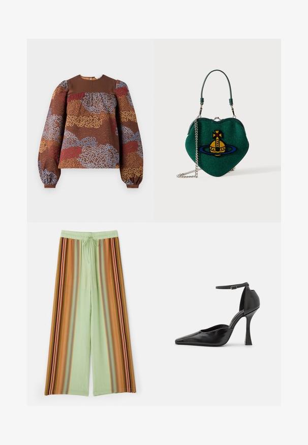 Hnědá blůza s dlouhým rukávem se strukturální květinovou vzorem v modré, červené a zlaté barvě. Pevný hnědý stojáček a nabírané balónové rukávy.; Kalhoty s širokými nohavicemi z světle zelené látky s vertikálními pruhy v hnědé, oranžové a vícebarevné akcenty. Elastický pas se šňůrkou.; Černý lodiček na vysokém podpatku s lesklým povrchem, špičatou špičkou, kotníkovým páskem a tvarovaným jehlovým podpatkem. Hladká textura a elegantní design.; Zelená kabelka ve tvaru srdce s emblémem žluté a modré planety, krátká rukojeť a stříbrný řetízkový popruh na bílém pozadí.