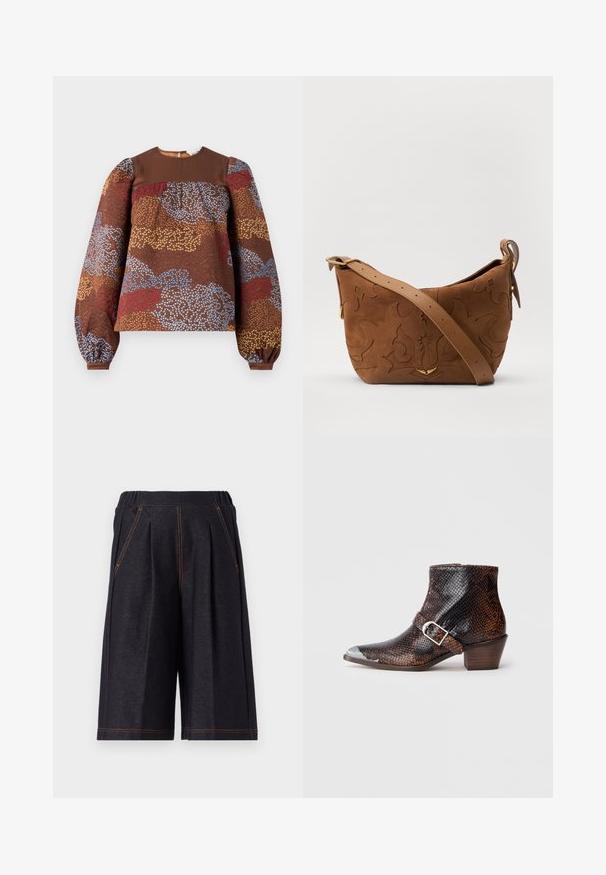Barna, hosszú ujjú blúz, amely texturált virágmintával rendelkezik kék, piros és arany színekben. Egyszínű barna nyakkivágás és ráncolt puff ujjak.; Sötét szürke, puha anyagból készült rövidnadrág, pleátokkal és narancssárga varrási részletekkel. Rugalmas derékpánt a kényelemért, térd hosszúságú kivitel.; Fekete és barna kígyóbőr mintás bokacsizmák ezüst orrbetéttel, csattos díszítéssel és alacsony fahéjjal. Simaság jellemzi, testhez álló dizájn.; Barna velúr válltáska, dombornyomott virágmintával, sima barna bőrpánttal és arany színű fém kiegészítőkkel.