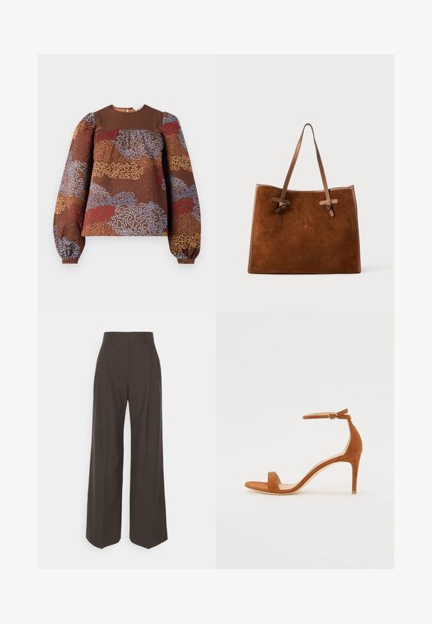 Brun langærmet bluse med et tekstureret blomsterdesign i blå, rød og guld. Ensfarvet brun yoke og bløde puffærmer.; Mørkebrune brede bukser med høj talje, der har pænt pressede folder, glat overflade og en skræddersyet pasform.; Brune ruskinds højhælede sandal med en tynd ankelrem med en guldspænde, åben tå og et stilrent, minimalistisk design.; Brun ruskinds tote taske med to læderhåndtag, flad form, quiltede detaljer og knude detalje på siderne. Ingen synlige lukninger.