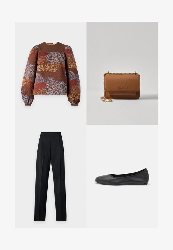 Brun langærmet bluse med et tekstureret blomsterdesign i blå, rød og guld. Ensfarvet brun yoke og bløde puffærmer.; Sorte bukser lavet af glat stof, der har høj talje, brede ben, frontfolder og klassiske bælteløkker. Ingen synlige sidelommer.; Sort læderballetsko med rund tå, glat tekstur, minimal syning og et fleksibelt såldesign.; Brun tekstureret læder crossover-taske med guldkæde-rem og klaplukning. Forsiden har logo-detalje og en lomme under klappen.