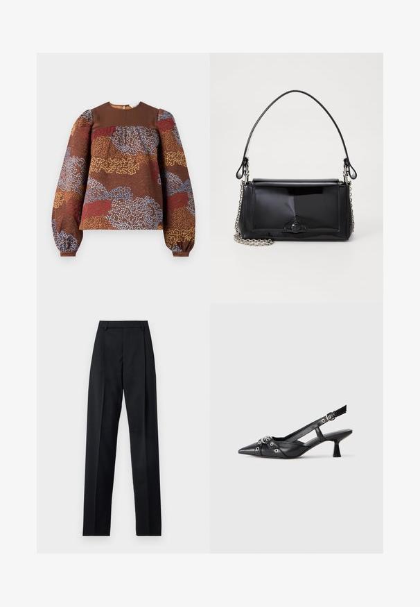 Hnedá blúzka s dlhými rukávmi a textúrovaným kvetinovým vzorom v modrej, červenej a zlatej farbe. Pevná hnedá yoke a nariasené balónové rukávy.; Čierne nohavice vyrobené z hladkej látky s vysokým pásom, širokými nohavicami, prednými záhybmi a klasickými pútkami na opasok. Žiadne bočné vrecká nie sú viditeľné.; Čierne kožené slingback topánky s špicatou špičkou, ozdobnými popruhmi s kovovými očkami a nízkym blokovým podpätkom. Textúrovaný povrch.; Čierna laková kožená kabelka s obdĺžnikovým tvarom, reťazovým popruhom a výrazným hardvérovým prvkom v strede. Hladká textúra.