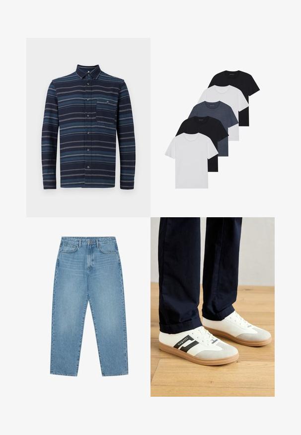 Ilgųjų rankovių marškiniai su mygtukais, turintys tamsiai mėlyną fono spalvą ir įvairias mėlynas horizontalias juosteles, apykaklę ir krūtinės kišenę. Minkštas audinio paviršius.; Penki marškiniai juodos, baltos ir mėlynos spalvos. Pagaminti iš medvilnės, trumpomis rankovėmis, su apvaliu kaklu, be raštų.; Šviesiai mėlyni džinsai su plačiomis kojomis ir aukštu liemeniu, turintys penkias kišenes, diržo kilpas ir švelnų, šiek tiek išblukusį tekstūrą.; Balti ir pilki sportbačiai su juodais dryžiais, pagaminti iš odos, su guma padėklo ir plokščiomis raišteliais. Dėvimi su tamsiai mėlynomis kelnėmis ant medinės grindų.