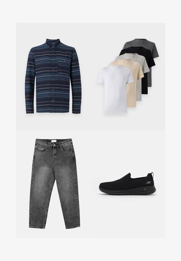 Koszula z długim rękawem z guzikami, z granatowym tłem i różnorodnymi niebieskimi poziomymi paskami, z kołnierzykiem i kieszenią na piersi. Miękka tekstura materiału.; Zestaw pięciu t-shirtów z krótkim rękawem w kolorach białym, beżowym, jasnoszarym, ciemnoszarym i czarnym. Wykonane z gładkiej bawełny, z klasycznym dekoltem.; Czarne jeansy o prostym kroju, prane na czarno, z kieszeniami z przodu i z tyłu, szlufkami na pasek oraz z zapięciem na guzik w pasie.; Czarne sneakersy wsuwane z przewiewną siateczką na górze, okrągłym noskiem i amortyzowaną gumową podeszwą. Posiadają logo po boku.