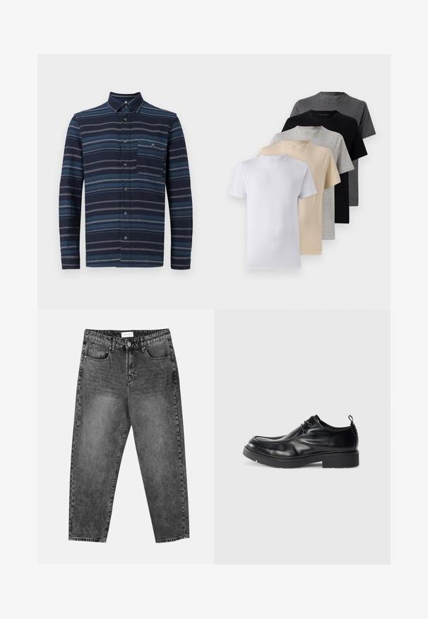 Košeľa s dlhým rukávom a gombíkmi, s námorníckym pozadím a rôznymi modrými horizontálnymi pruhmi, s golierom a vreckom na hrudi. Mäkká textúra látky.; Sada piatich tričiek s krátkym rukávom v bielej, béžovej, svetlošedej, tmavošedej a čiernej farbe. Vyrobené z hladkej bavlny, s dizajnom okrúhleho výstrihu.; Čierne pranie rovné nohavice s prednými a zadnými vreckami, pútkami na opasok a zapínaním na gombík v páse.; Čierne kožené spoločenské topánky s okrúhlou špičkou, šnurovaním vpredu a dekoračným švom. Obsahujú hrubú, štruktúrovanú gumovú podrážku a pätkový pás.