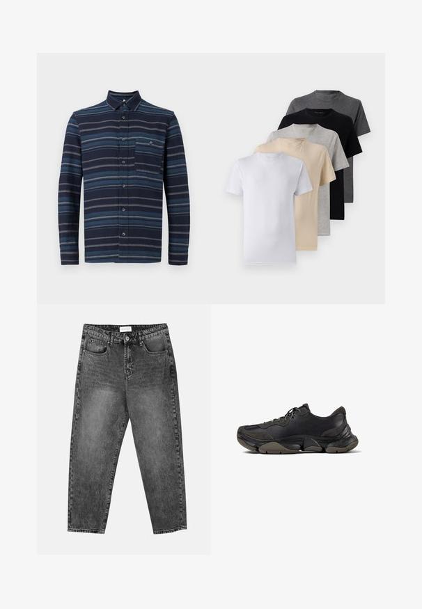 Košeľa s dlhým rukávom a gombíkmi, s námorníckym pozadím a rôznymi modrými horizontálnymi pruhmi, s golierom a vreckom na hrudi. Mäkká textúra látky.; Sada piatich tričiek s krátkym rukávom v bielej, béžovej, svetlošedej, tmavošedej a čiernej farbe. Vyrobené z hladkej bavlny, s dizajnom okrúhleho výstrihu.; Čierne pranie rovné nohavice s prednými a zadnými vreckami, pútkami na opasok a zapínaním na gombík v páse.; Čierne atletické tenisky s textúrovanou podrážkou, koženým a semišovým zvrškom, vypchatým golierom a šnurovaním, zobrazené z bočného profilu.