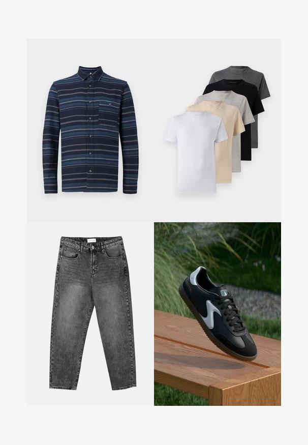 Lange mouw knoopshirt met een marineblauwe achtergrond en verschillende blauwe horizontale strepen, een kraag en een borstzak. Zachte stoftextuur.; Set van vijf T-shirts met korte mouwen in wit, beige, lichtgrijs, donkergrijs en zwart. Gemaakt van gladde katoen en voorzien van een ronde hals.; Zwart gewassen rechte jeans met voor- en achterzakken, riemlussen en een knoopsluiting in de taille.; Zwart-witte sport schoen met een gladde leren bovenkant, een gestructureerde zool en contrasterende accenten. Kenmerkt zich door een logo op de zijkant en veters.