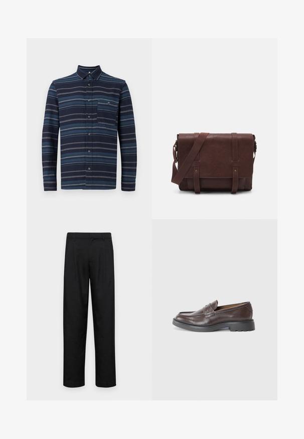 Long-sleeve button-up shirt featuring a navy background with varied blue horizontal stripes, a collar, and a chest pocket. Soft fabric texture.; Black trousers made of smooth fabric, featuring a straight-leg design, two front pleats, and standard waistband with belt loops.; Brown leather loafers with a smooth finish, round toe, minimal stitching, and a thick black rubber sole. No visible hardware or accents.; Brown leather messenger bag with a flat front flap, two straps, gold hardware accents, and an adjustable shoulder strap.
