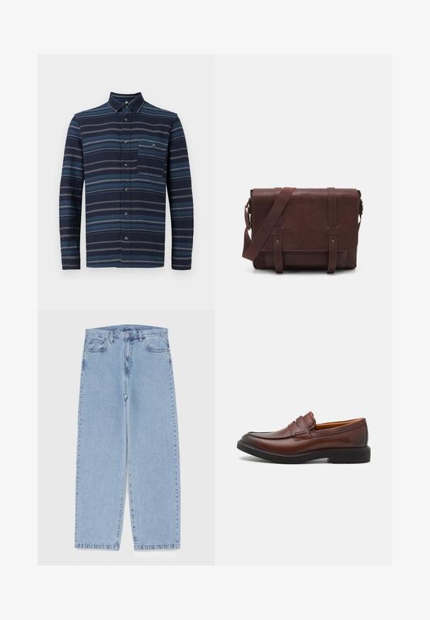 Koszula z długim rękawem z guzikami, z granatowym tłem i różnorodnymi niebieskimi poziomymi paskami, z kołnierzykiem i kieszenią na piersi. Miękka tekstura materiału.; Jasnoniebieskie dżinsy o prostym kroju nogawki, z średnim stanem, pięcioma kieszeniami oraz zapięciem na guzik i zamek błyskawiczny.; Brązowe skórzane loafersy z okrągłym noskiem, dekoracyjnym przeszyciem i czarną gumową podeszwą. Gładka tekstura i minimalna ilość detali w designie.; Brązowa skórzana torba na ramię z płaskim klapem z przodu, dwoma paskami, złotymi akcentami oraz regulowanym paskiem na ramię.