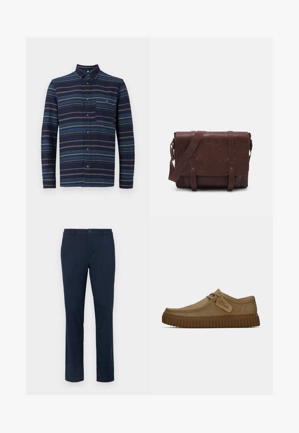 Ilgųjų rankovių marškiniai su mygtukais, turintys tamsiai mėlyną fono spalvą ir įvairias mėlynas horizontalias juosteles, apykaklę ir krūtinės kišenę. Minkštas audinio paviršius.; Tamsiai mėlyni chinos kelnių iš lygaus audinio. Tiesaus kirpimo dizainas su vienu mygtuko uždarymu ir diržo kilpelėmis. Be matomų raštų ar akcentų.; Šviesiai rudos zomšinės bateliai su apvaliu pirštu, siuvinėjimo detalėmis ir raguota ruda guma. Su šonine etikete su "Clarks" logotipu.; Rudas odinis paštininko krepšys su lygiu priekiniu dangčiu, dviem diržais, auksiniais detalėmis ir reguliuojamu peties diržu.