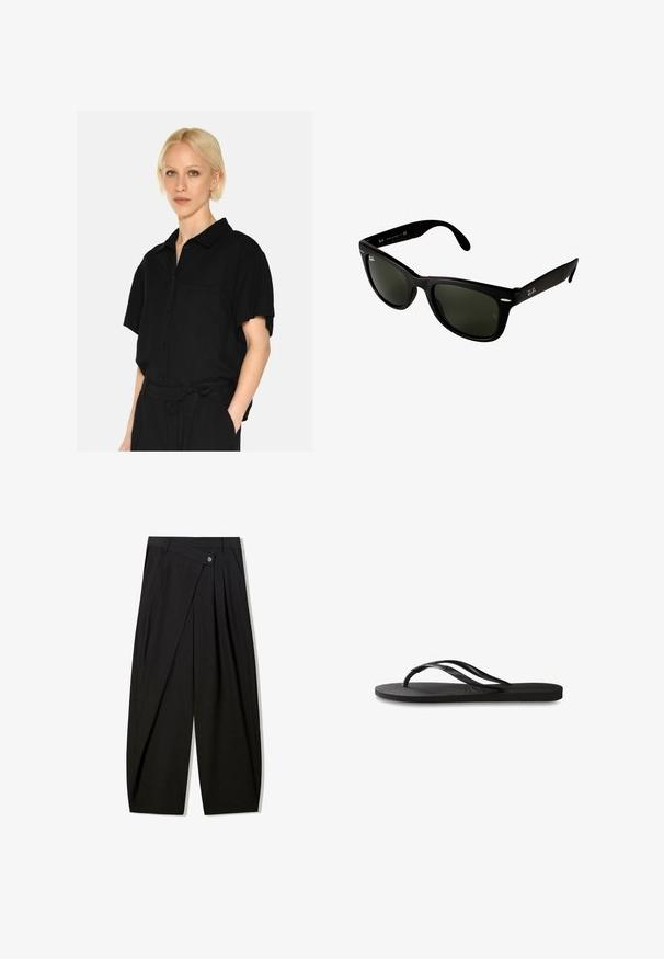 Black short-sleeve button-up shirt with a collar, featuring a chest pocket and soft fabric texture. The design is relaxed and streamlined.; Black wide-leg trousers crafted from smooth fabric, featuring front pleats, a button closure, and a tailored design for a structured silhouette.; Black flip-flop featuring a textured rubber sole, two slender straps, and a subtle, embossed logo detail on the strap.; Black plastic sunglasses with dark green lenses. Square frame design features silver accents and an embossed logo on the temple.; Black woven leather handbag with a slouchy design, featuring a knotted strap and a small decorative gold stud at the top.