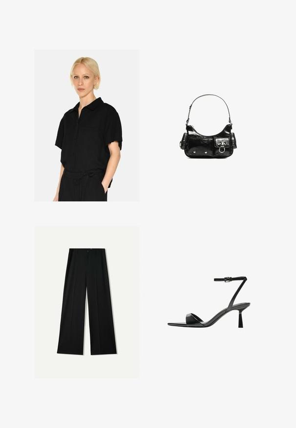 Sort kortærmet skjorte med knapper og krave, der har en brystlomme og en blød stoftekstur. Designet er afslappet og strømlinet.; Bershka WIDE - Bukser - black; Bershka Højhælede sandaletter / Højhælede sandaler - black; Sort patenteret læder håndtaske med en buet form, en skulderrem, frontlommer og hardware accenter i sølvfarve.