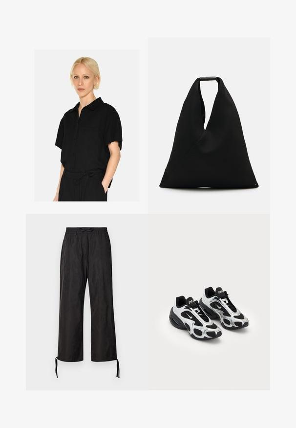 Lyhythihainen musta nappipaita, jossa on kaulus, rinta-tasku ja pehmeä kangaspinta. Suunnittelu on rento ja virtaviivainen.; Mustat, löysät housut, joissa on joustava vyötärö ja säädettävät narut nilkoissa. Silkkinen kangas, jossa on hienovarainen kiilto.; Musta ja hopea urheilukengät, joissa on Verkkomateriaalia ja synteettistä yläpintaa, erottuvaa aaltoilevaa muotoilua ja pehmustettu kaulus, ilmatyyny pohjassa.; Mustat kangasnaisikkat, joissa on ainutlaatuinen V-muotoinen muotoilu ja sileä pinta. Varustettu lyhyellä kahvalla, jossa on minimalistinen metallikoriste.; Mustat sormettomat hanskat, jotka on valmistettu venyvästä materiaalista. Niissä on avoin kämmenen muotoilu, pito-ominaisuudet ja valkoinen Nike-logo.