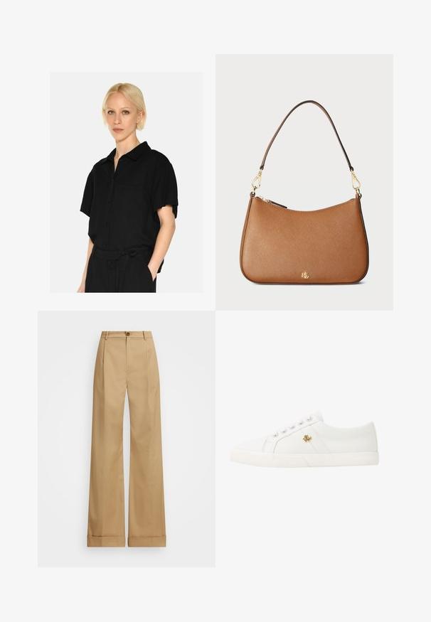 Camicetta nera a maniche corte con bottoni e colletto, dotata di tasca sul petto e con una texture di stoffa morbida. Il design è rilassato e lineare.; Pantaloni beige a gamba larga con chiusura a bottone, caratterizzati da una trama liscia e pieghe stirate. Bottoms con risvolto per un tocco in più.; Lauren Ralph Lauren JANSON II CANVAS SNEAKER - Sneakers basse - optic white; Borsa a tracolla in pelle marrone con texture, dalla forma curva, dotata di finiture in oro e di una singola tracolla. Presenta una chiusura con zip e un dettaglio del logo.