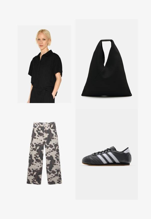 Schwarzes kurzärmeliges Hemd mit Knopfleiste und Kragen, ausgestattet mit einer Brusttasche und einem weichen Stoffgefühl. Das Design ist lässig und schlank.; Beigeweite-Leg-Jeans mit einem braunen Kuhfleckenmuster. Mit Knopfverschluss und fünf Taschen. Aus Denim-Stoff gefertigt.; Schwarzer Sportschuh aus Leder mit weißen Streifen, runder Spitze, flacher Sohle und Schnürverschluss. Besitzt Perforationen für Atmungsaktivität.; Schwarze Stofftragetasche mit einem einzigartigen V-förmigen Design und glatter Textur. Verfügt über einen kurzen Griff mit minimalistischem Hardware-Detail.