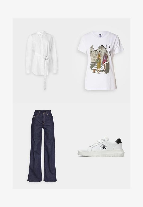 Valge nööpidega särk pikkade varrukatega, vöökoha piirkonnas metallist rõngas, kohandatud sobivus ja sile puuvillane kangas.; Valge puuvillane T-särk, millel on trükitud illustreerimine kahest naisest, kes kannavad linnastiili, koos koeraga ülekäigurajal ning linnamajadega.; Tumedates sinised laiad teksad denimpesus, kõrge vöökohaga, mis on varustatud oranžide õmblustega, viie-taskulise disaini ja nööbiga kinnitusega.; Valge madalate sokkidega jooksutoss, millel on must konts, platvormi tallad, paelad ja Calvin Kleini "CK" logo küljel.