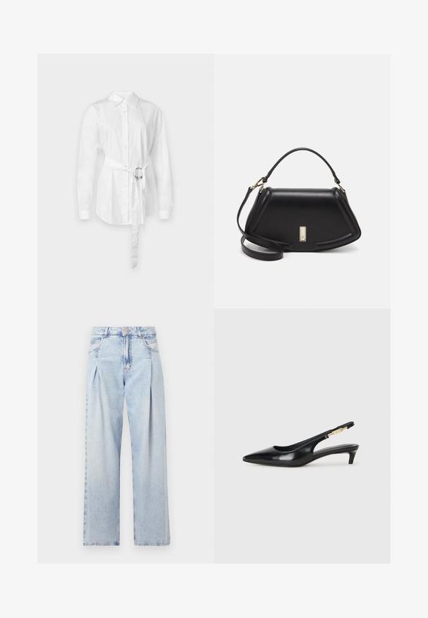 White button-up shirt with long sleeves, belted waist featuring a metal ring, tailored fit, and a smooth cotton fabric.; Light blue denim jeans with a high waist, wide-leg cut, two side pockets, and pleated design feature. Soft texture with a faded finish.; Black leather slingback heels with a pointed toe, featuring a slim heel and a gold-tone accent on the adjustable strap. Smooth texture.; Black leather handbag with a structured design, featuring a cropped shape, top handle, and gold hardware accent. Adjustable shoulder strap included.