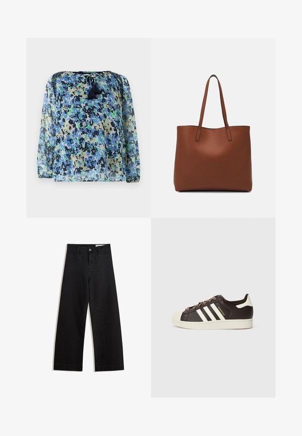 Áttetsző blúz kék, zöld és fekete virágmintával, kerek nyakkal és húzózsinórral, valamint két bojtával. Hosszú, laza ujjak.; Fekete, bő szabású farmernadrág magas derékkal, elülső és hátsó zsebekkel, varrott felületekkel és gombos záródással. Sima textúra.; Sötétbarna bőr alacsony szárú Adidas Superstar sportcipő krémszínű kagyló orral, fehér csíkokkal és "Superstar" felirattal az oldalon.; Barna bőr vászontáska sima textúrával, nyitott tetejű dizájnnal és két vállpánttal. Minimális varrással és látható hardver nélkül készült.