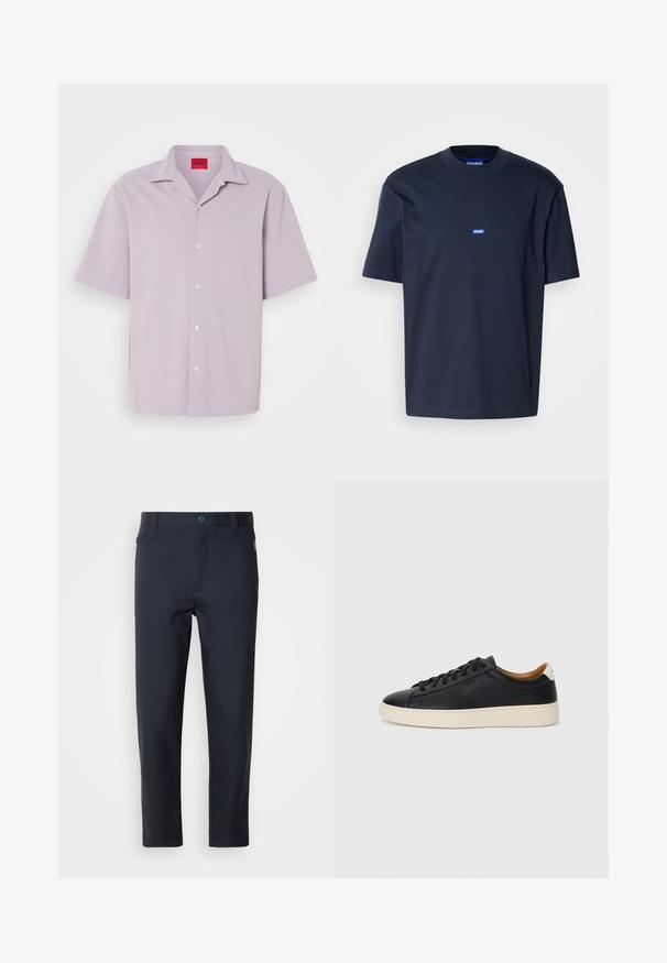 Svetlomodrá krátka košeľa vyrobená z textúrovaného materiálu; má zapínanie na gombíky a vyšívané logo v rovnakých farbách.; Námornícky modré bavlnené tričko s klasickým výstrihom, krátkymi rukávmi a malým modrým logom na hrudi. Hladká textúra, voľný strih.; Námornícky modré nohavice so strihom, vyrobené z hladkého materiálu, s vreckom na zips, rovnými nohavicami a gombíkovým zapínaním na páse.; Čierne kožené tenisky s hladkou textúrou, béžová gumová podrážka, viazanie a kontrastný akcent na päte.