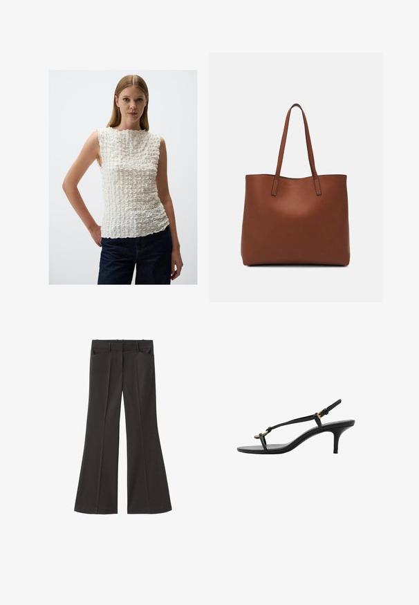 Witte mouwloze top met een textuur en een gerimpeld patroon. Beschikt over een hoge halslijn en een oneffen zoom, aangevuld met donker denim broek.; Zwarte flared broek met een hoge taille; beschikt over twee voorkeurszakken en een gladde stoftextuur. Geschikt voor verschillende gelegenheden.; Zwarte leren kitten heel sandaal met dunne banden, gouden gesp en minimalistische teenlus op een witte achtergrond.; Bruine leren tote bag met een gladde textuur, een ontwerp met een open bovenkant en twee schouderbanden. Kenmerkt zich door minimale stiksels en geen zichtbare hardware.