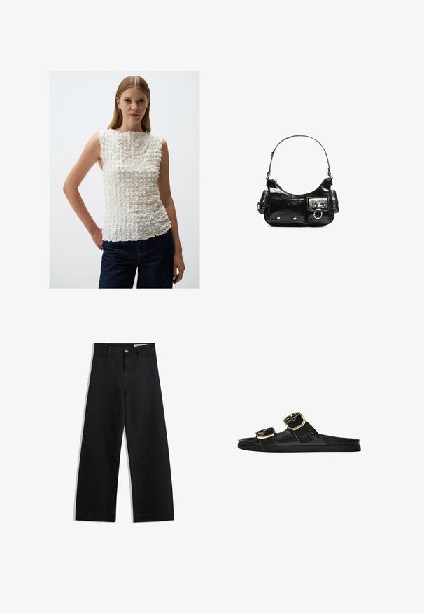 Weißes ärmelloses Top mit strukturiertem, gerüschtem Muster. Verfügt über einen hohen Kragen und einen asymmetrischen Saum, ergänzt durch eine dunkle Denim-Hose.; Schwarze weit geschnittene Jeans mit hoher Taille, ausgestattet mit Vorder- und Hintertaschen, gesteppten Nähten und einem Knopfverschluss. Glatte Textur.; Schwarze Riemensandale mit zwei goldenen Schnallendetails, glattem Material, flachem Sohlen und minimalistischer Gestaltung.; Schwarze Lackleder-Handtasche mit geschwungenem Design, einem Schulterriemen, Vordertaschen und silberfarbenen Hardware-Akzenten.