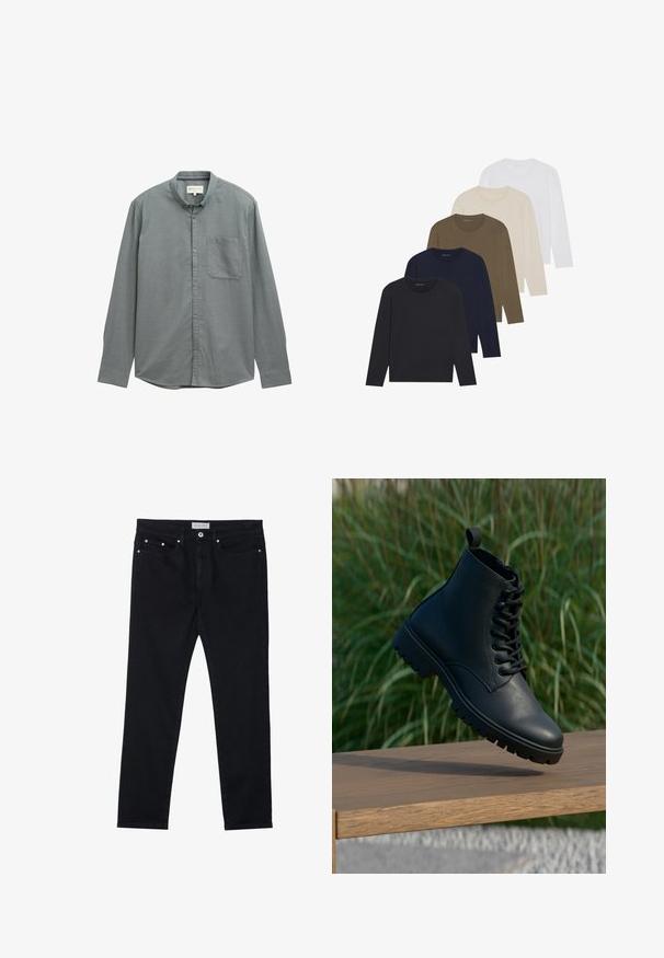 Hellgraues, knopfbares Hemd mit einem Kentkragen, langen Ärmeln und einer Brusttasche. Hergestellt aus weichem, strukturiertem Stoff.; Fünf Langarmhemden in einem Farbverlauf: dunkles Marineblau, Marineblau, olivgrün, beige und weiß. Jedes hat einen Rundhalsausschnitt und eine glatte Textur.; Schwarze Jeans aus Denim mit geradem Bein, fünf Taschen, Metallnieten und einem Knopfverschluss. Weiche Textur mit leichtem Stretch.; Schwarze Knöchelschuh aus glattem Leder. Verfügt über ein Schnürdesign, runde Zehenpartie und eine robuste Sohle mit ausgeprägtem Profil. Kleiner Ziehgriff an der Ferse.