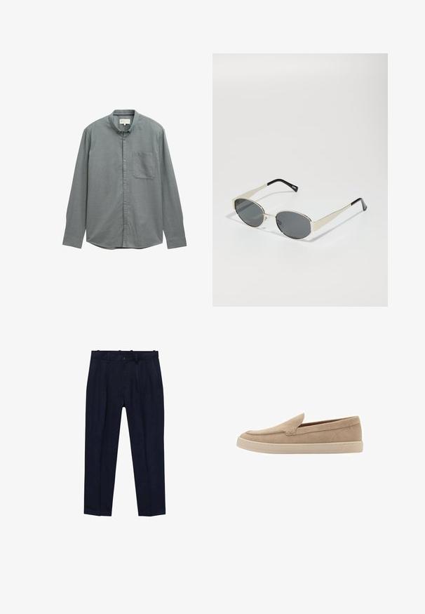Camicia button-up grigia chiara con colletto a punte, maniche lunghe e una tasca sul petto. Realizzata in un tessuto morbido e testurizzato.; Pantaloni navy realizzati in tessuto liscio, con un fit leggermente sagomato, pieghe frontali, passanti per cintura e chiusura a un bottone.; Scarpa slip-on in suede beige con punta arrotondata e dettagli cuciti. Suola in gomma chiara con design a profilo basso.; Occhiali da sole con lenti ovali grigie, montatura in metallo argento e dettagli neri sulle astine. Presentano un design elegante e hardware minimale.