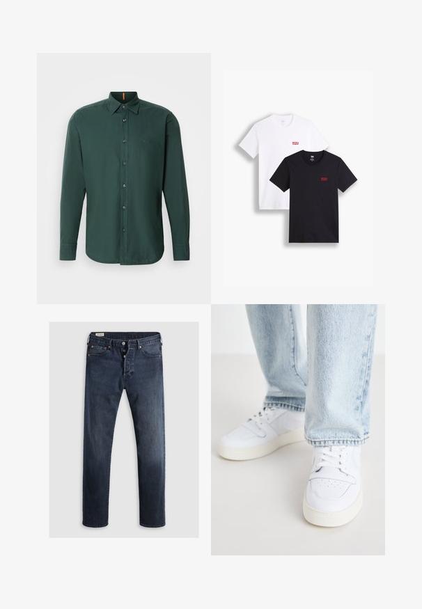 Ciemnozielona koszula z długim rękawem wykonana z bawełny, z kołnierzykiem zapinanym na guziki, guzikami z przodu oraz delikatnym logo marki na klatce piersiowej.; Dwie koszulki z krótkim rękawem: jedna biała, a druga czarna. Obie wykonane z bawełny z czerwonym logo Levi's na piersi. Prosty design z okrągłym dekoltem.; Granatowe dżinsy o prostym kroju nogawki, z zamkiem błyskawicznym, metalowymi guzikami i miedzianymi nitami. Gładka tekstura, bez widocznych wzorów.; Białe skórzane sneakersy niskie z perforowanym noskiem, płaskimi sznurowadłami i minimalistycznym designem. Połączone z jasnoniebieskimi dżinsami.