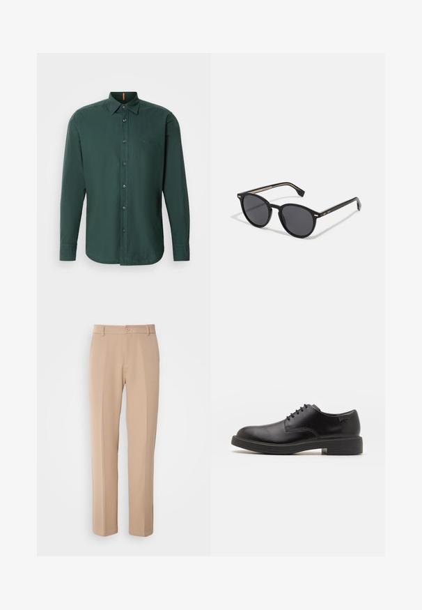 Donkergroene langdrukshirt gemaakt van katoen, met een button-down kraag, knopen aan de voorkant en een subtiele merklogo op de borst.; Beige broek gemaakt van gladde stof, met een rechte pasvorm, een sluiting met een knoop aan de voorkant en subtiele plis details aan de voorkant.; Zwarte leren veterschoen met een ronde neus, een gladde textuur, minimale stiksels en een lage rubberen hak. Logo op de hak.; BOSS Zonnebril - black