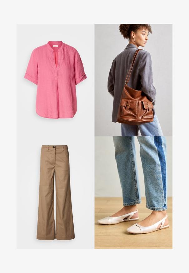 Rožinė lininė bluzonė su mandarinų apykakle, trumpomis sukrautomis rankovėmis ir priekine sagčių juosta, pasižyminti laisvu prigludimu ir šiek tiek išlenktais kraštais.; Platus kelnes, pagamintos iš lygaus, rusvos spalvos audinio. Yra priekinė sagtis, diržo kilpos ir šoninės kišenės. Švarios linijos, be matomų raštų.; Šviesiai rožiniai slingback baleto bateliai su smailiu pirštu, pagaminti iš lygios odai panašios medžiagos. Yra išpjovimų detalės šonuose ir plokščias kulnas.; Ruda odinė kibirėlio forma maišelis, turintis dvi priekinės kišenes su sagtimis. Maišelis turi glotnią tekstūrą ir reguliuojamą dirželį.