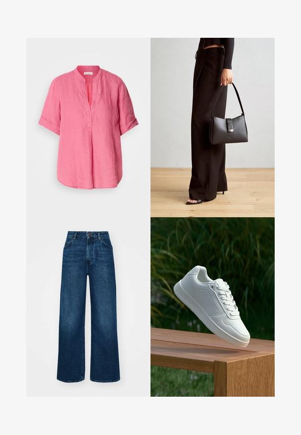 Rožinė lininė bluzonė su mandarinų apykakle, trumpomis sukrautomis rankovėmis ir priekine sagčių juosta, pasižyminti laisvu prigludimu ir šiek tiek išlenktais kraštais.; Aukšto liemens, platėjantys džinsai tamsiai mėlynos džinsinės medžiagos su lygia tekstūra, kontrastingomis siūlėmis ir penkių kišenių dizainu. Priekinis mygtukų užsegimas.; Balti sneakeriai su lygia sintetine viršutine dalimi, perforuota pirštų zona, plokščiomis raištelėmis ir tekstūruotu padu, padėti ant medinės paviršiaus.; Juodas rankinė struktūrizuota forma, lygi tekstūra ir metalinis užsegimas. Suporuota su plačiomis juodomis kelnėmis ir atvirais bateliais ant medinių grindų.