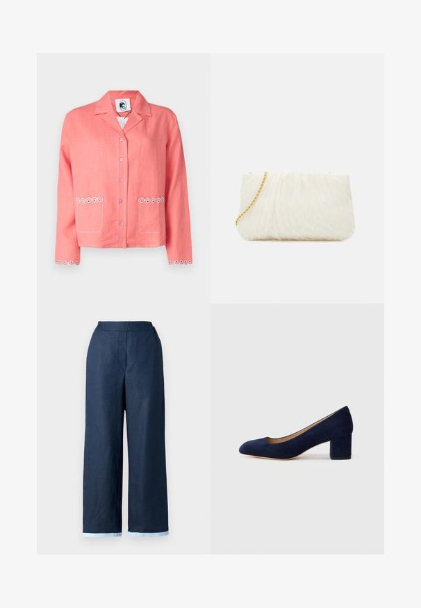 Coral linen jacket with a notched collar, button closure, two front pockets with circular embroidery, and decorative stitching on sleeves.; Navy wide-leg trousers made of linen, featuring an elastic waistband and contrasting light blue trim at the hem. Smooth texture.; Navy blue suede pump with a pointed toe and a mid-height block heel. Smooth texture with a subtle sheen and a small cutout at the front.; White textured clutch bag with a gathered design, featuring a gold chain strap. Smooth finish with subtle waves and rounded edges.