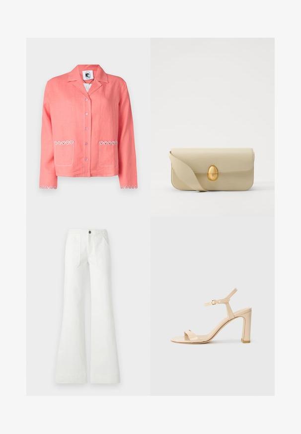 Korallfärgad linjacka med slagkrage, knäppning med knappar, två framfickor med cirkulär broderi och dekorativ sömnad på ärmarna.; Vita utsvängda byxor i vävt tyg, med en flätad midja, två framfickor och en slät yta. Försedda med en svart knapp.; Beige högklackad sandal med ankle strap och gyllene spänne, öppen tå och blockklack på vit bakgrund.; Beige läderhandväska med en slät yta, rektangulär form och en gyllene oval lås. Har en lång, justerbar rem.