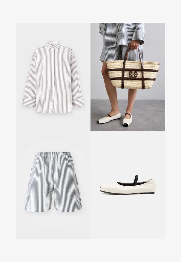 Majica s črtami iz lahkega blaga, z navpičnimi rjavimi in belimi črtami, ovratnikom in sprednjim žepom. Dolgi rokavi z manšetami na gumbe.; Prugaste kratke hlače v mornarsko modri in beli barvi iz bombaža, z elastičnim pasom in sproščenim krojem. Dolžina do sredine stegna z diskretnimi šivi.; Čevlji za balet na ravnem petu v beli usnjeni izvedbi s zaobljenim nosom, črnimi elastičnimi trakovi in majhnim zlatim emblemom blizu pete. Mehka tekstura in minimalističen dizajn.; Tkana slamnata torba z rjavimi usnjeni poudarki in ročaji. Ima izrezan logotip in kontrastne horizontalne trakove.