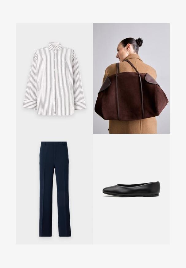 Gestreept shirt van lichtgewicht stof, met verticale bruine en witte strepen, een kraag en een borstzak. Lange mouwen met knoopmanchetten.; Marineblauwe broek van glad stoffen, met een recht model, vooraan geplooid en met zijzakken voor een verfijnde uitstraling.; Paul Smith TOPANGA - Ballerina's - black; Bruine suède handtas met donkere leren accenten, met een gestructureerde vorm en dubbele handvatten, gedragen over de schouder tegen een beige jas.