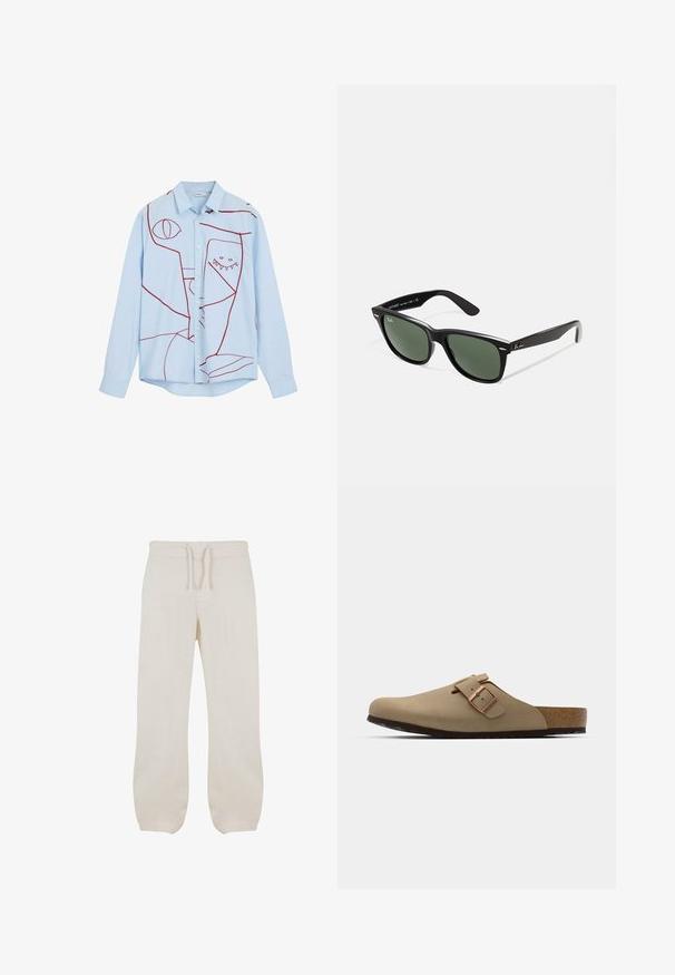 Cămașă albastră deschisă cu nasturi, prezentând broderii abstracte roșii, incluzând ochi și un design cu dinți, cu un guler clasic și mâneci lungi.; Pantaloni din in bej deschis cu talie elastică și șnur. Design cu picior drept, cu o textură fină și o ușoară conicitate la glezne.; Saboți bej cu vârf rotund, accent cu cataramă ajustabilă și talpă din plută. Suprafață texturată cu o talpă din cauciuc negru pentru aderență.; Ochelari de soare din plastic negru cu lentile verzi, rame pătrate, accent argintiu pe sprânceană și brațe texturate. Marca este menționată pe brațul interior.