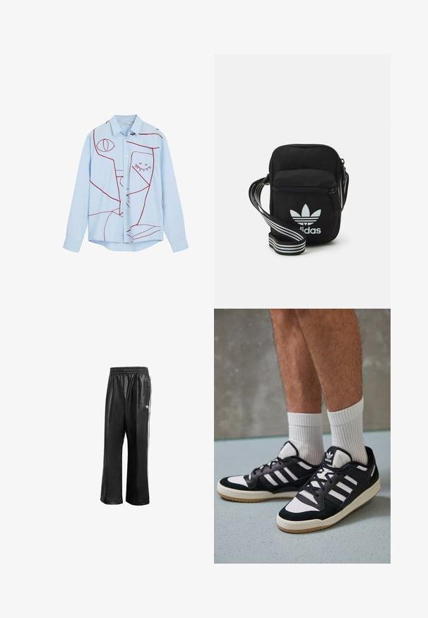 Jasnoniebieska koszula zapinana na guziki, zdobiona czerwonym abstrakcyjnym haftem, w tym oczami i zębami w uśmiechu, z klasycznym kołnierzykiem i długimi rękawami.; Czarne syntetyczne spodnie dresowe z elastycznym pasem, z białymi paskami po bokach i małym białym logo na lewym biodrze.; Czarno-białe sneakersy z zamszową i skórzaną cholewką, z trzema białymi paskami, perforowanym czubkiem i gumową podeszwą w kolorze gumy.; Czarna torba crossbody wykonana z materiału, z zamknięciem na zamek błyskawiczny, z białym logo Adidas oraz regulowanym paskiem w paski, co ułatwia noszenie.